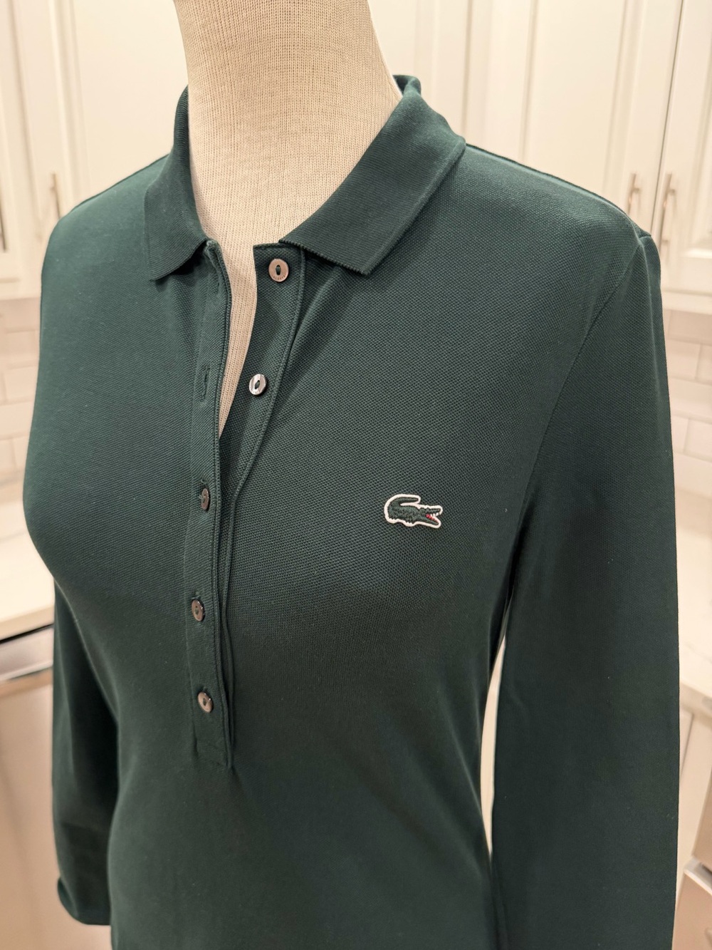 LACOSTE 🐊 Women’s Dark Green Slim Fit 5 Button Cotton Stretch LS Knit Shirt - 4